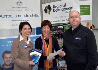 Working together at Ag-Quip: RDANI Snr Project Officer, Kim-Trieste Hastings (centre), with Immigration Dept. Outreach Officers, Suzanne Gillham and Stephen Romano.