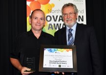 Representative of Armidale North Rotary - New England TechFest Nigel Wolfe received a “Research and Education” finalist trophy by Northern Tablelands Local Land Services' Grahame Marriott.