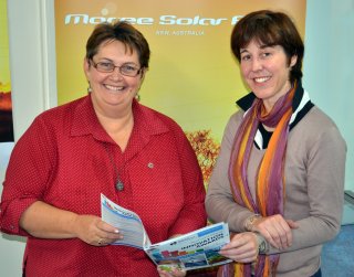 Moree Plains Shire Council Human Resources Manager, Debby Baxter-Tomkins and RDANI Snr Project Officer, Kim-Trieste Hastings discuss innovative businesses in the MPSC Administration building.